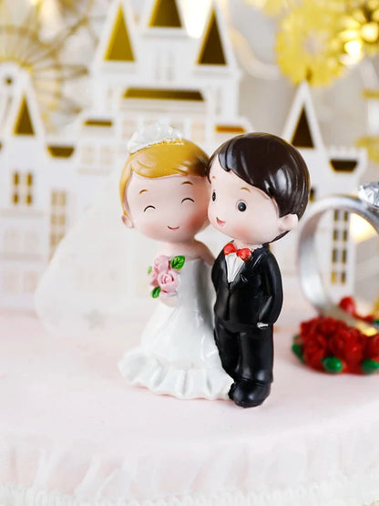 Happy Wedding  Anniversary Gold Castle Acrylic Cake Toppers  Bride Groom Mr Mrs Wedding Diamond Ring Cake Supplies Decoration Good Vibrations