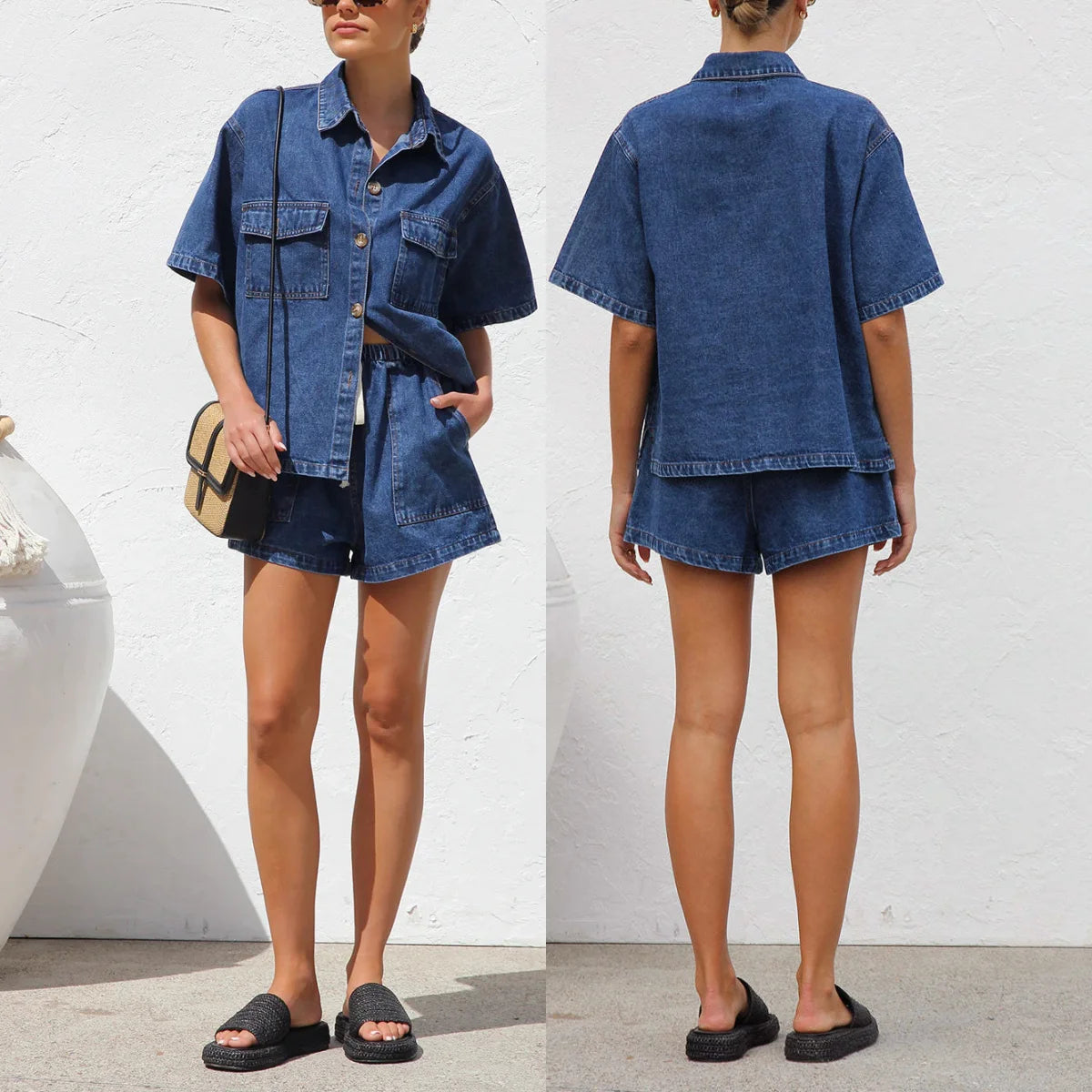 Trendy Women Set 2 Piece Casual Short Sleeve Boxy Shirt Tops and Shorts Lounge Sets Outfits 2025 Summer Denim Set for Women Good Vibrations