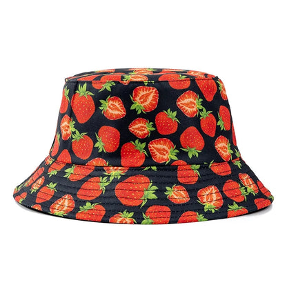 Hot Sale Unisex Bucket Hats Summer Double-sided Wear Fruit Printing Women Cap Outdoor Sun Hat Men Classic Panama Bucket Hat Good Vibrations