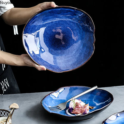 Household Ceramic Dinner Plate European Style Blue Glaze Salad Bowl Irregular Tableware Western Dinner Plate/kitchen Supplies Good Vibrations