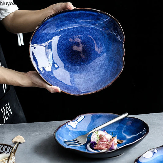 Household Ceramic Dinner Plate European Style Blue Glaze Salad Bowl Irregular Tableware Western Dinner Plate/kitchen Supplies Good Vibrations
