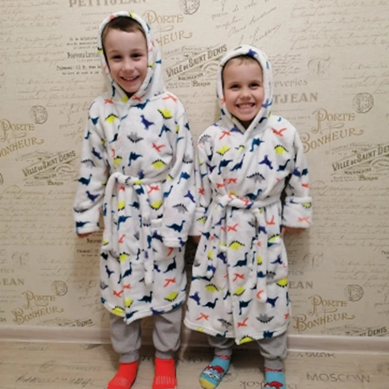 Boy and Girls Flannel Pajamas Robe Autumn and Winter Children Sleepwear Soft Hooded Kids Homewear 2-8 Years Good Vibrations