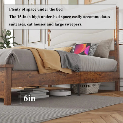 Queen Size Bed Frame with Upholstered Headboard, Charging Station & LED Lights, Wood Slats, Beige Linen,Easy Assembly Good Vibrations