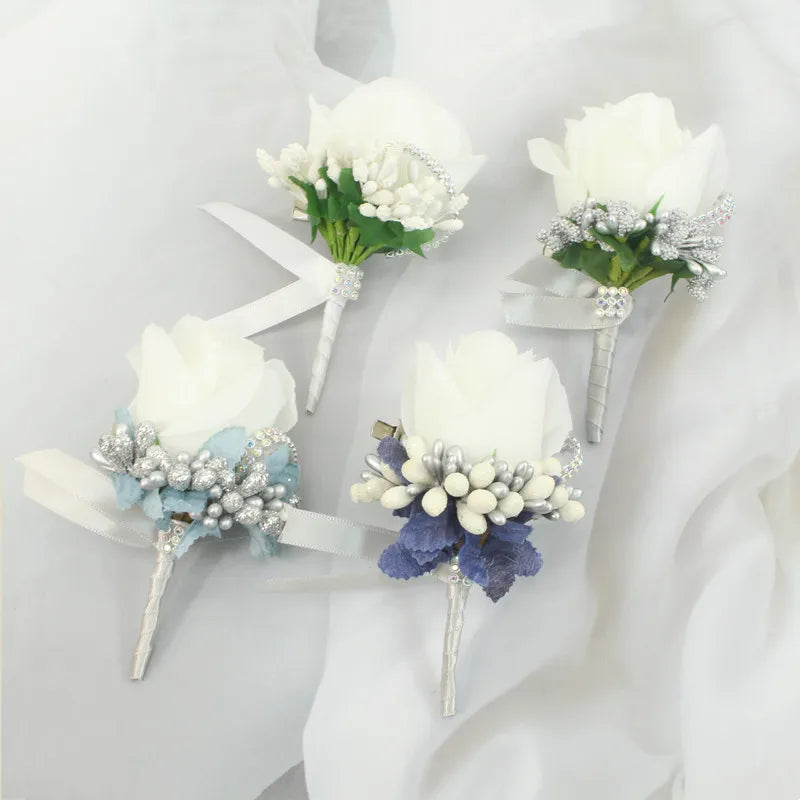 YO CHO Wedding Bouquet Artificial Rose Flowers Blue Brooch Corsages Glitter Rhinestone Ribbon Lace Classic Prom Boutonniere Pins Good Vibrations
