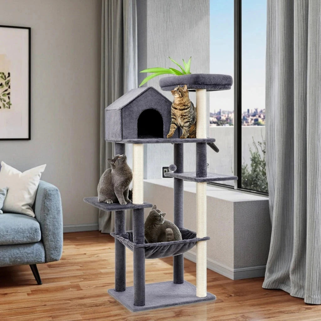 60-Inch Indoor Cat Tower with Cozy Plush Hammock 2 Hanging Balls Top Perch Sisal Scratching Posts Multi-Level Cat Tree Bed Good Vibrations