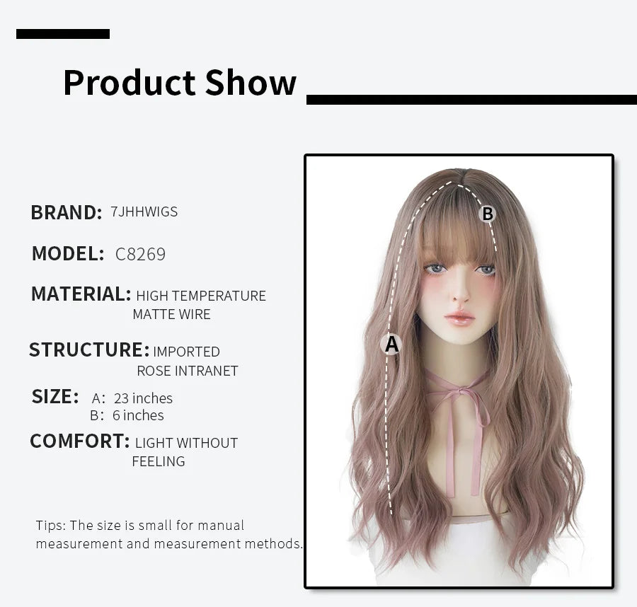 7JHHWIGS Long Wavy Synthetic Black Wigs For Women With Fringe Fashion Heat Resistant Mid-Length Daily Straight Light Brown Hair Good Vibrations