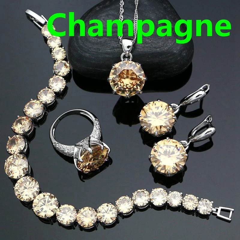 925 Sterling Silver Bridal Jewelry Sets For Women Yellow Cubic Zirconia Earrings Pendant Ring Bracelet Necklace Set Good Vibrations