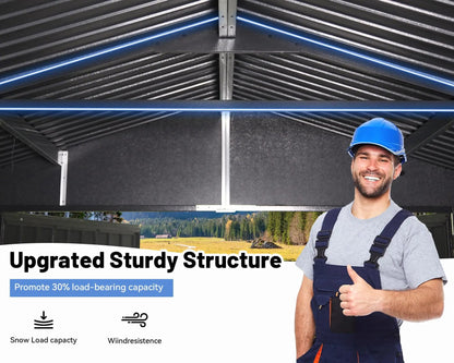 12x15 FT Outdoor Heavy Duty Metal Garage Shed Lockable Double Hinged Doors Extra Large Carport for Cars Trucks Lawn Equipment Good Vibrations