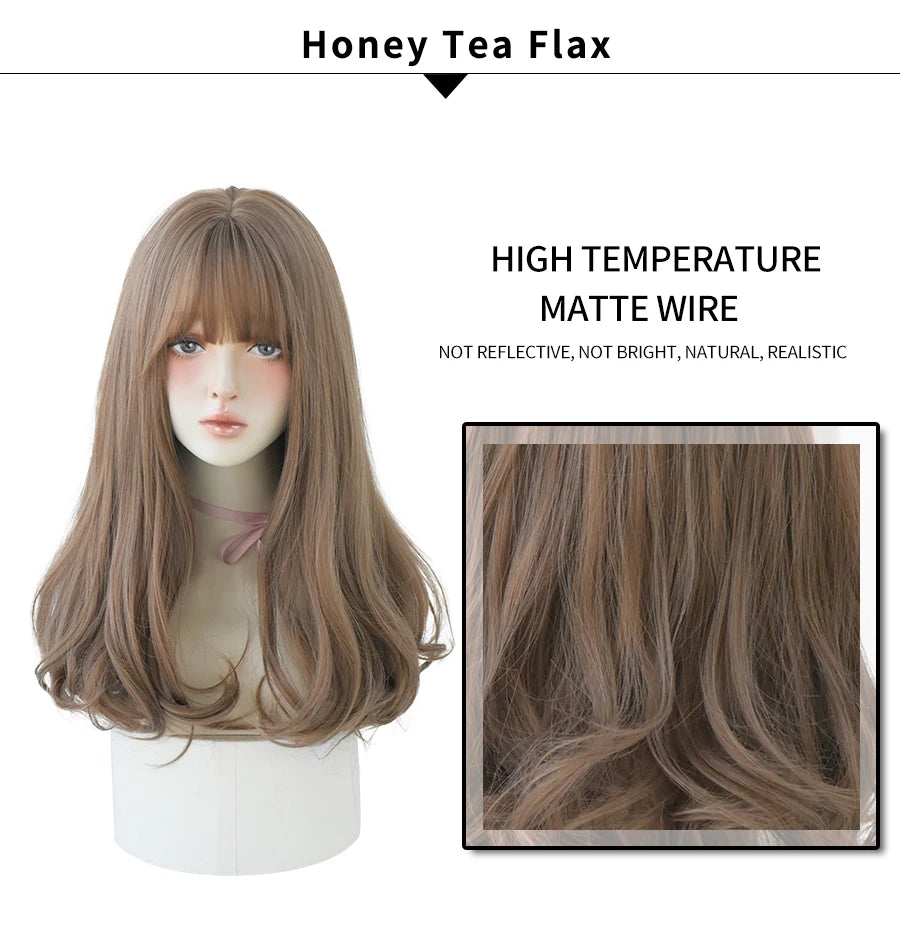 7JHHWIGS Long Wavy Synthetic Black Wigs For Women With Fringe Fashion Heat Resistant Mid-Length Daily Straight Light Brown Hair Good Vibrations