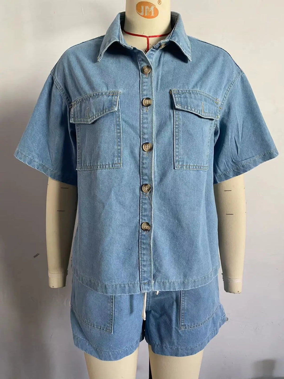 Trendy Women Set 2 Piece Casual Short Sleeve Boxy Shirt Tops and Shorts Lounge Sets Outfits 2025 Summer Denim Set for Women Good Vibrations