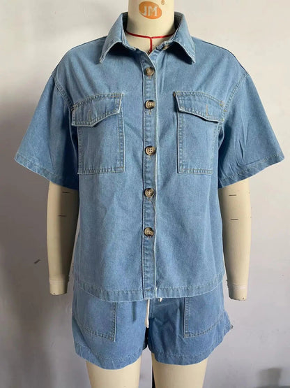 Trendy Women Set 2 Piece Casual Short Sleeve Boxy Shirt Tops and Shorts Lounge Sets Outfits 2025 Summer Denim Set for Women Good Vibrations