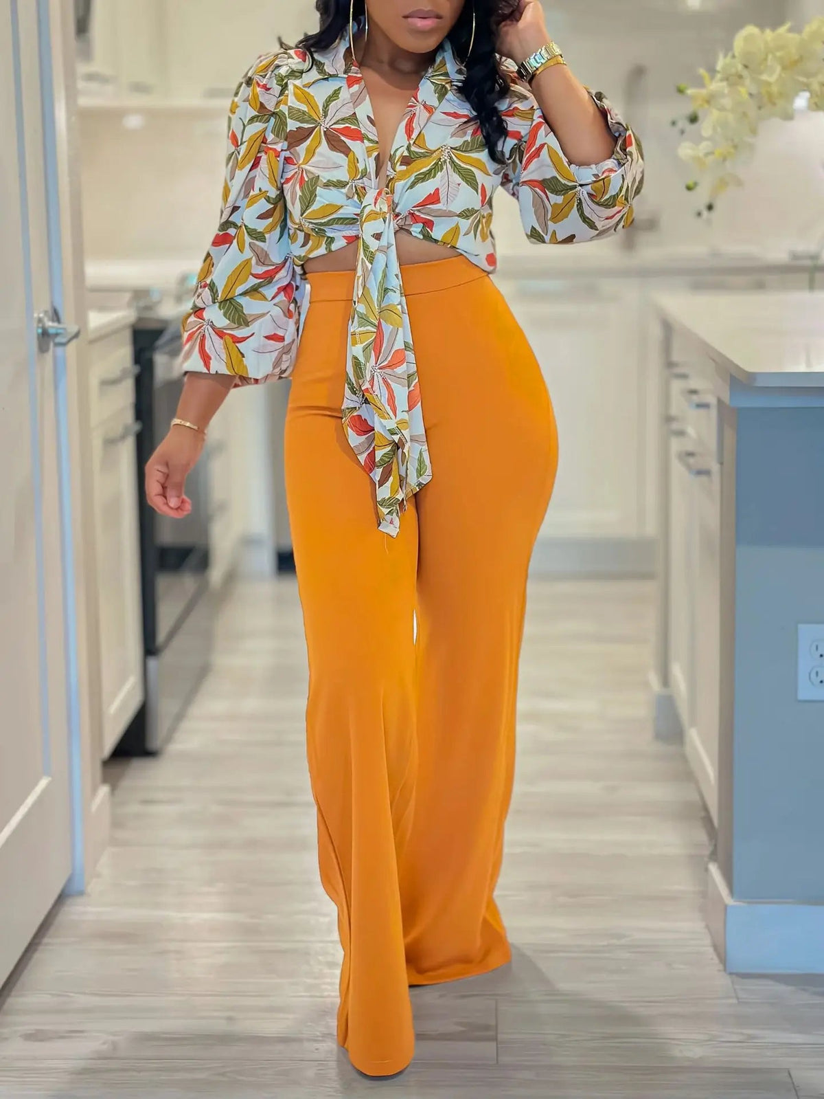 Two Piece Set Women Clothing Print Polo Collar Long Sleeve Shirt Top + Wide Leg Pants 2 Piece Set Women Outfits for Women Good Vibrations