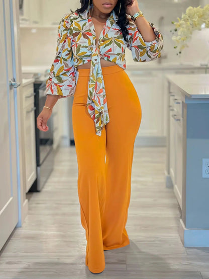 Two Piece Set Women Clothing Print Polo Collar Long Sleeve Shirt Top + Wide Leg Pants 2 Piece Set Women Outfits for Women Good Vibrations