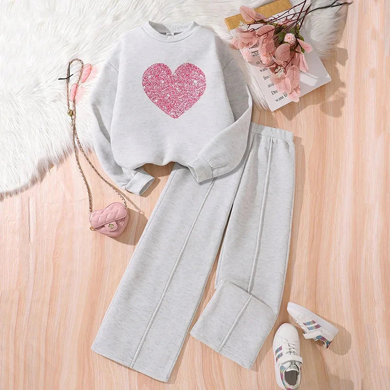 Hot Girls Suit Autumn and Winter New Children's Love Long-Sleeved Sweater Casual Trousers Thin Velvet Two-Piece Set Good Vibrations