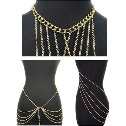 Harness Body Chain Sexy Layered Tassel Belly Waist Chain Necklace Boho Hot Bikini Nightclub Party Beach Body Jewelry Gold Tone Good Vibrations