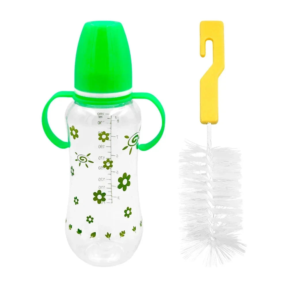 GDL Manual 250ml Plastic Baby Bottle with Plastic Bristle Brush Variety of Colors and Prints Water Flowing Through Nipple Good Vibrations