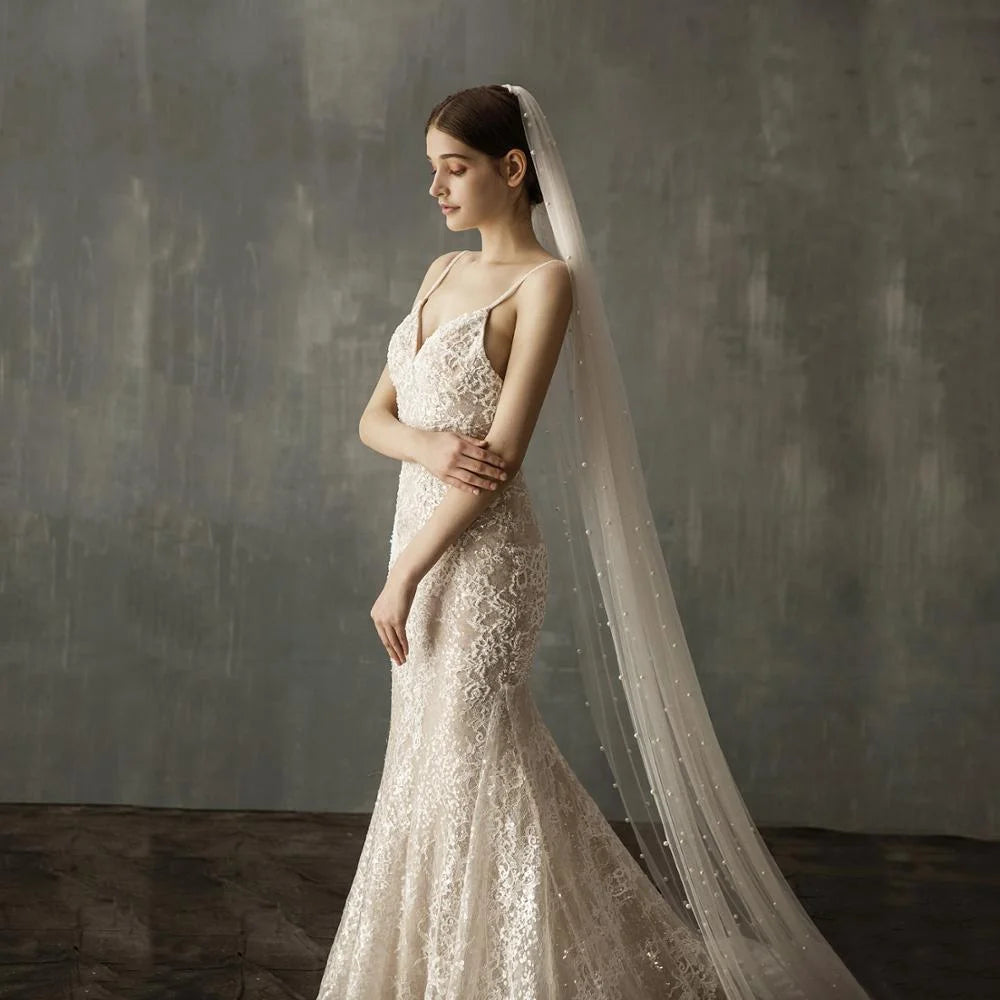 LUOXIN Customized Beautiful Wedding Dress Pearly Long Veil Ivory Bridal Veil Good Vibrations