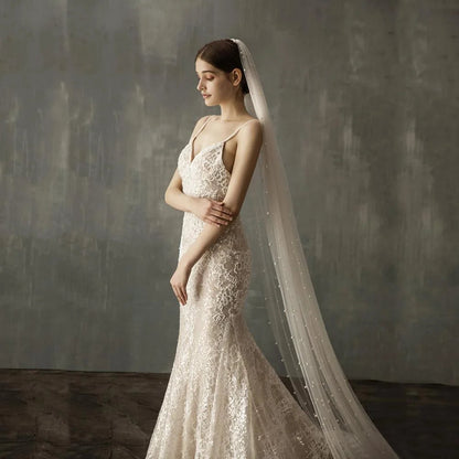LUOXIN Customized Beautiful Wedding Dress Pearly Long Veil Ivory Bridal Veil Good Vibrations