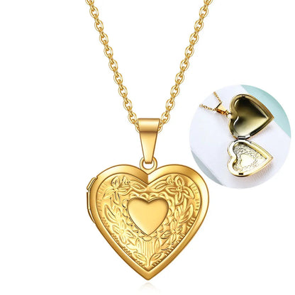 Fashion Heart Locket Pendant Necklaces for Women Openable Photo Frame Floral Stainless Steel Necklaces Family Love Collar Good Vibrations