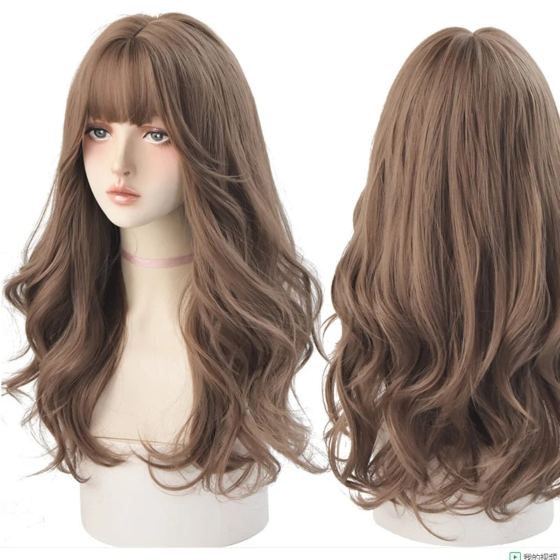 7JHHWIGS Long Wavy Synthetic Black Wigs For Women With Fringe Fashion Heat Resistant Mid-Length Daily Straight Light Brown Hair Good Vibrations