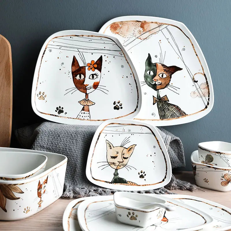 Cute Cartoon Cat Ceramic Tableware Household Soup Noodle Bowls Fruit Steak Food Plate Dishes Creative Porcelain Dinnerware Good Vibrations