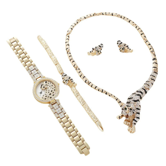Popular Leopard Ladies Wristwatch 4PCS/SET Present Set Female's Necklace Bracelets Earring Women's Watch Gift Set Good Vibrations