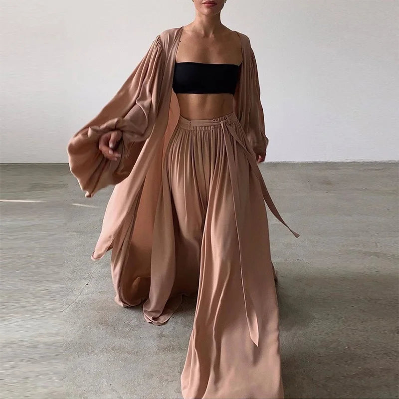 Women 3 Piece Sets Homewear Fashion Casual Lantern Sleeve Cardigan Tops+Wide Leg Pants Suits Lady Spring Soft Three Piece Outfit Good Vibrations