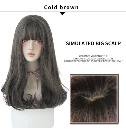 7JHHWIGS Long Wavy Synthetic Black Wigs For Women With Fringe Fashion Heat Resistant Mid-Length Daily Straight Light Brown Hair Good Vibrations