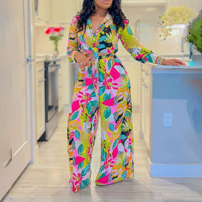 Two Piece Set Women Clothing Print Polo Collar Long Sleeve Shirt Top Wide Leg Pants 2 Piece Set Women Outfits for Women Good Vibrations