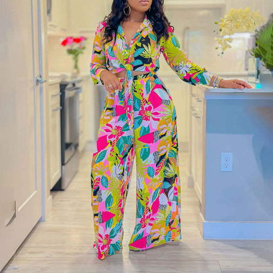 Two Piece Set Women Clothing Print Polo Collar Long Sleeve Shirt Top Wide Leg Pants 2 Piece Set Women Outfits for Women Good Vibrations