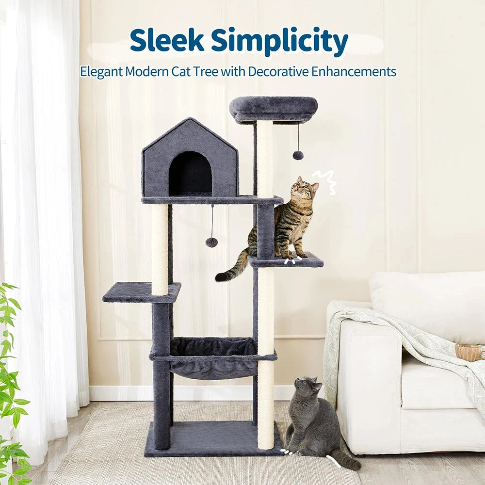 60-Inch Indoor Cat Tower with Cozy Plush Hammock 2 Hanging Balls Top Perch Sisal Scratching Posts Multi-Level Cat Tree Bed Good Vibrations