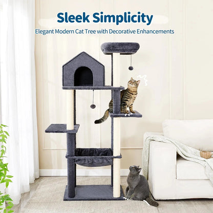 60-Inch Indoor Cat Tower with Cozy Plush Hammock 2 Hanging Balls Top Perch Sisal Scratching Posts Multi-Level Cat Tree Bed Good Vibrations