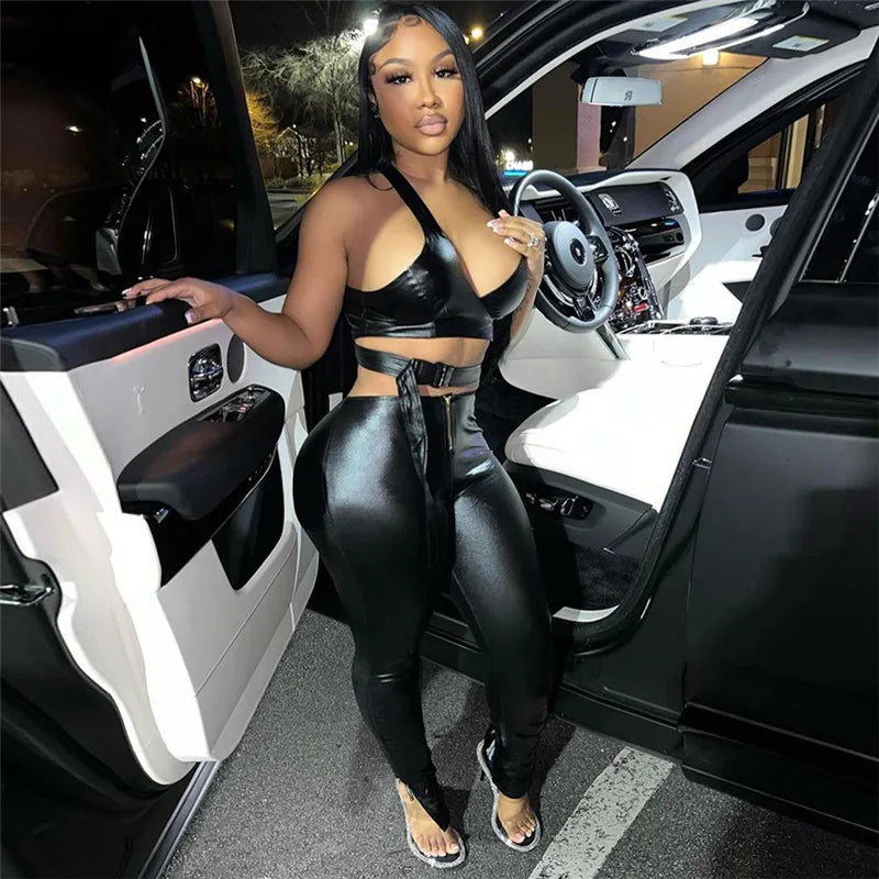 WY7658 New Arrivals Pu Leather Bandage Tops Flare Pant Set Women Outfits Two Piece Pant Set Good Vibrations