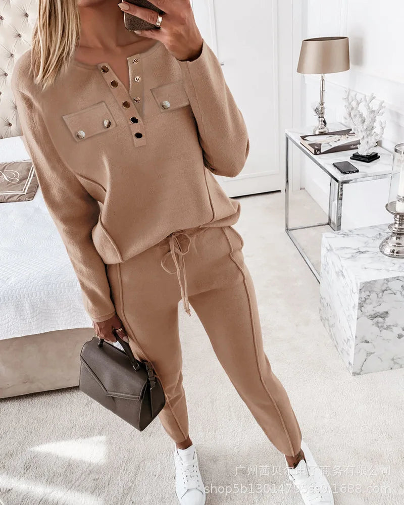 2023 Fashion New Two-piece Set High-necked Long-sleeved Tops Pocket Pants Casual Autumn Winter Sweater Women's Trousers Suit Good Vibrations