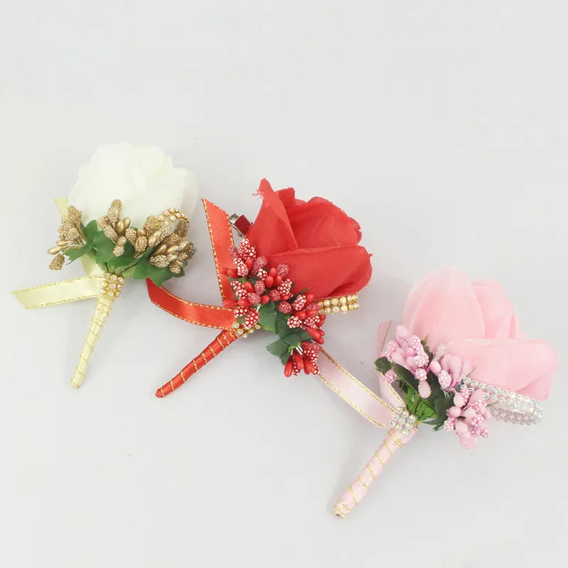 YO CHO Wedding Bouquet Artificial Rose Flowers Blue Brooch Corsages Glitter Rhinestone Ribbon Lace Classic Prom Boutonniere Pins Good Vibrations