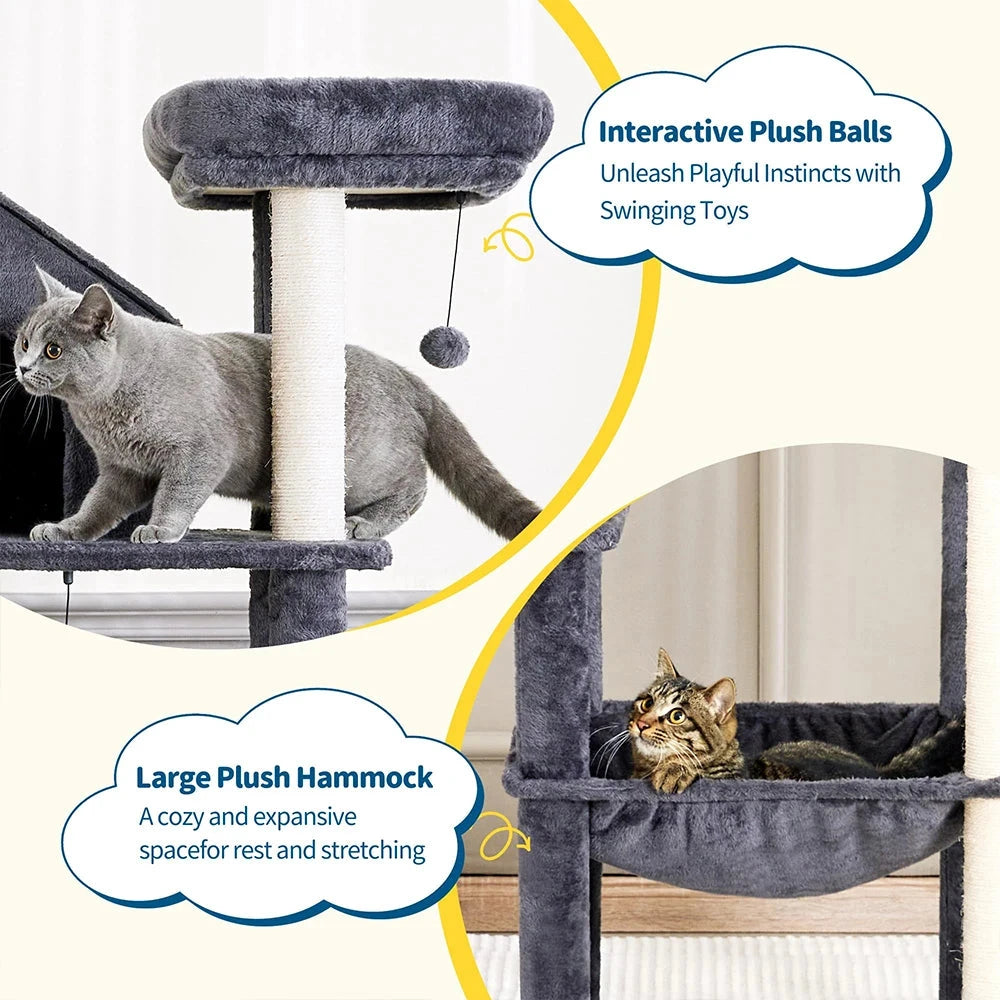 60-Inch Indoor Cat Tower with Cozy Plush Hammock 2 Hanging Balls Top Perch Sisal Scratching Posts Multi-Level Cat Tree Bed Good Vibrations