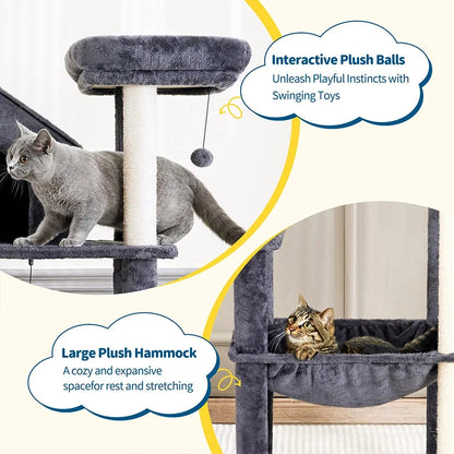 60-Inch Indoor Cat Tower with Cozy Plush Hammock 2 Hanging Balls Top Perch Sisal Scratching Posts Multi-Level Cat Tree Bed Good Vibrations