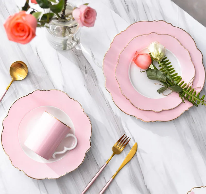 Creative  Ceramic Plate Pink Wave Point Simple Flat Plate Western Steak Plate Girl Heart Set  Irregular Golden Girl Good Vibrations