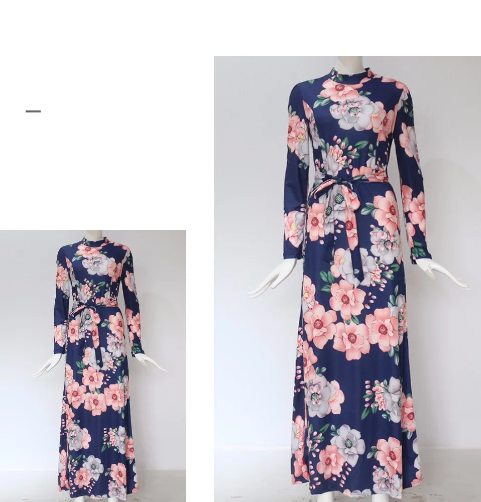 Women's Boho Floral Print Maxi Dress Elegant for Bandage Party Vestido with Long Sleeves for Summer Plain Dyed Casual Long Dress Good Vibrations