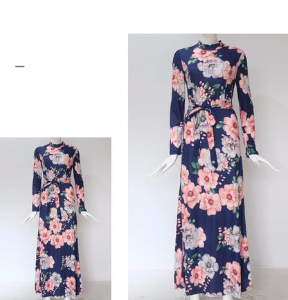 Women's Boho Floral Print Maxi Dress Elegant for Bandage Party Vestido with Long Sleeves for Summer Plain Dyed Casual Long Dress Good Vibrations