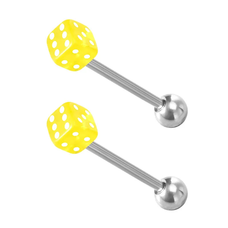 2pcs Good Luck Dice Tongue Ring Surgical Steel Tongue Piercing Barbell Colorful Labret Stud Bar for Women Men Body Jewelry 14G Good Vibrations