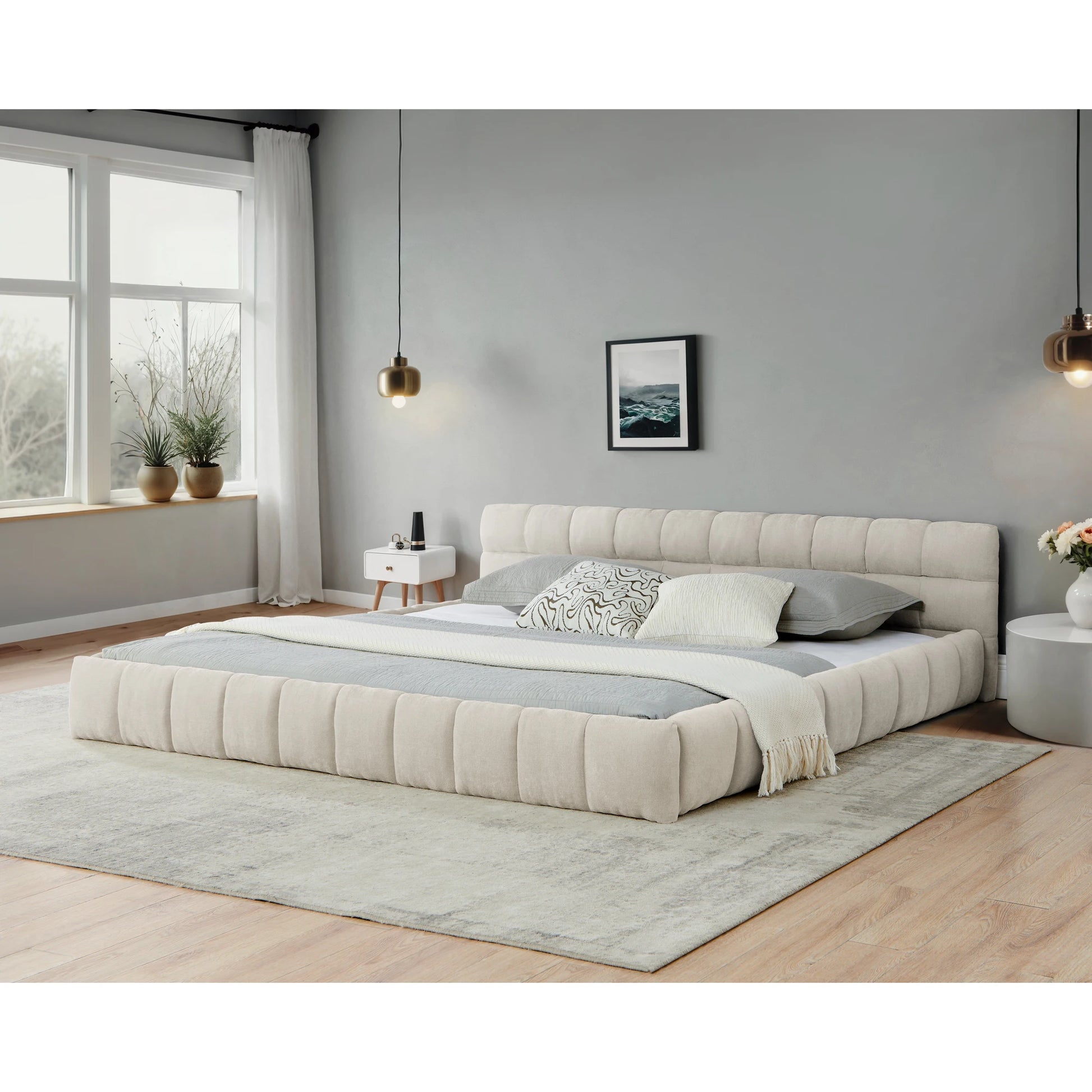 Modern Luxury King-Size Bed Frame Soft Chenille Fabric with Stylish Wooden Structure Up-Holstered Bedroom Furniture Good Vibrations