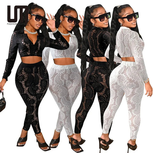 Liu Ming Bulk Items Wholesale Dropshipping 2 Piece Sets Lace Long Sleeve Pants Sports Women Outfits Good Vibrations