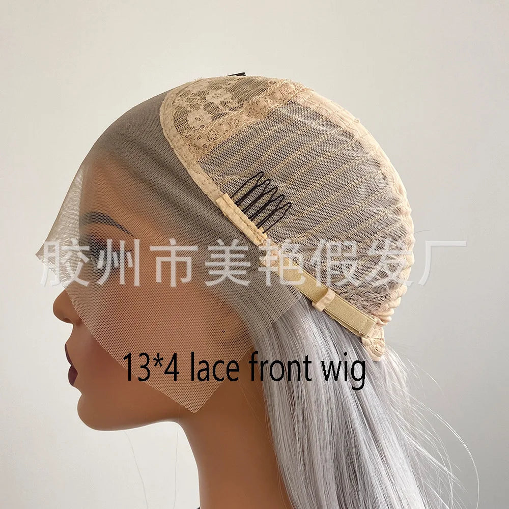 Qingdao Wig Factory Direct Sales Small Cap Size 13*4 Lace Wig Light Brown Lace Hot-Selling Long Straight Gray Chemical Fiber Wig Good Vibrations