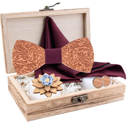 2020 Design Craved Floral Wooden Wood Bow Tit Set Navy Red Plaid Silk Pocket Square Cufflinks Broocn Bowtie Set For Mens Wedding
