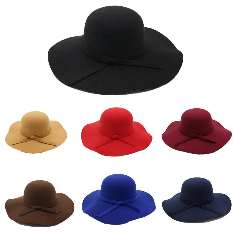 British Style Felt Hats for Women, Big BrimTop Hat, Flat Brim, White Cap for Lady, Autumn and Winter Good Vibrations