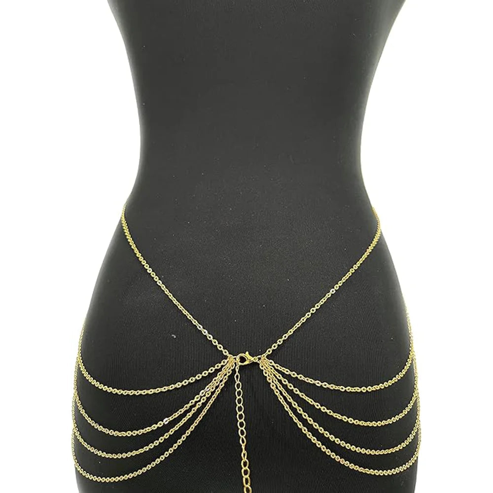Harness Body Chain Sexy Layered Tassel Belly Waist Chain Necklace Boho Hot Bikini Nightclub Party Beach Body Jewelry Gold Tone Good Vibrations