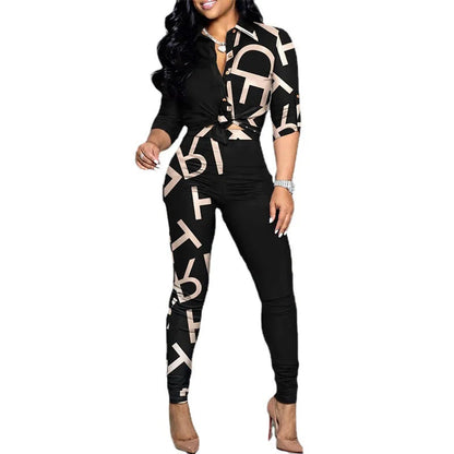 Wholesale Two Piece Set Women Outfits Office Ladies Long Sleeve Print Shirt and Long Pants 2 Piece Casual Pants Set Good Vibrations