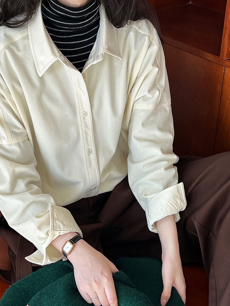 Lushi Japanese-Style Minimalist Thickened Brushed Corduroy Shirt for Women 2025 Autumn Inner Layering Base Shirt 3378 Good Vibrations