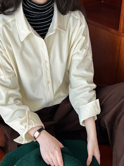 Lushi Japanese-Style Minimalist Thickened Brushed Corduroy Shirt for Women 2025 Autumn Inner Layering Base Shirt 3378 Good Vibrations
